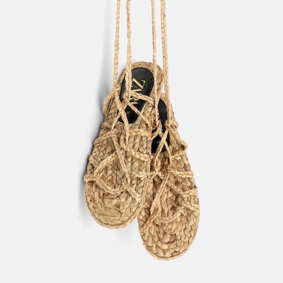 Zara Natural Woven Jute Tie Up Strap Sandals - Picture 4 of 6